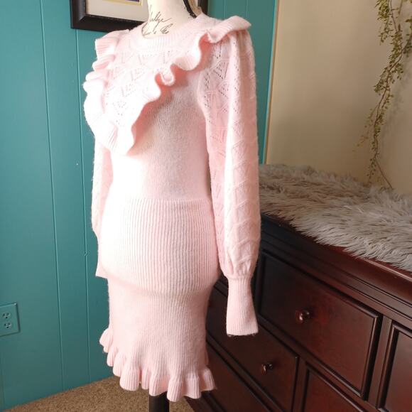 Miss Selfridge Pink Knit Frill Cute Bodycon Dress 6 - Picture 3 of 10